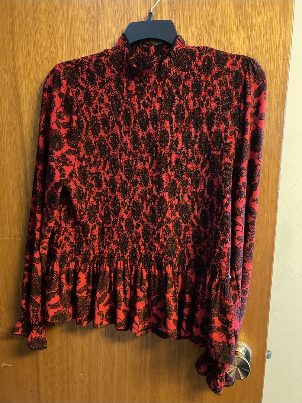 Tommy Hilfiger Red and Black Floral Smocked Ruffle Blouse